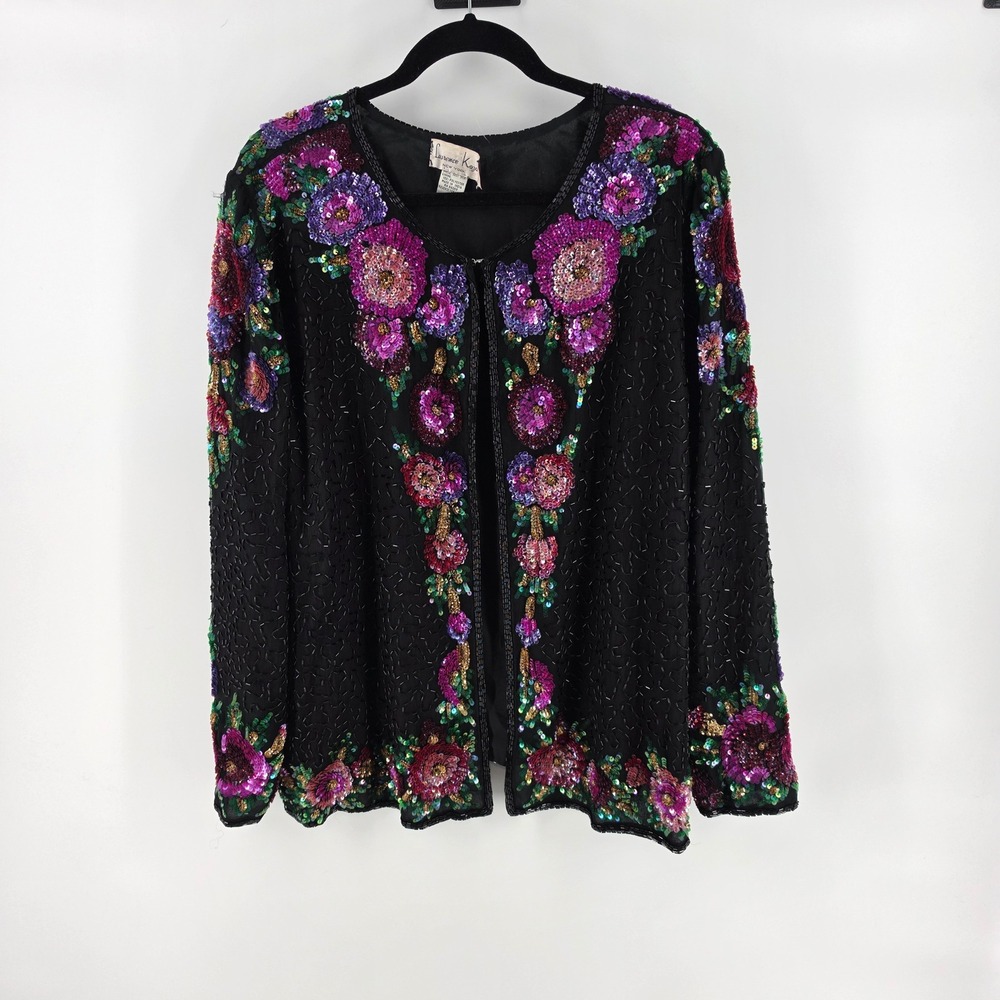 Vintage Silk Beaded Statement Jacket 1X Evening Black Floral Sequin Maximalist